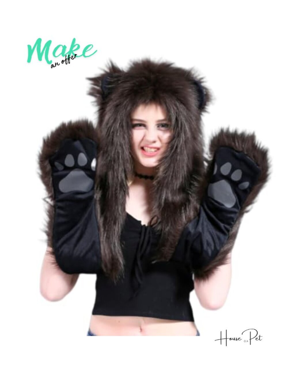 Faux Fur Animal Hood 3-in-1 Winter Scarf Gloves Set with Ears Paws